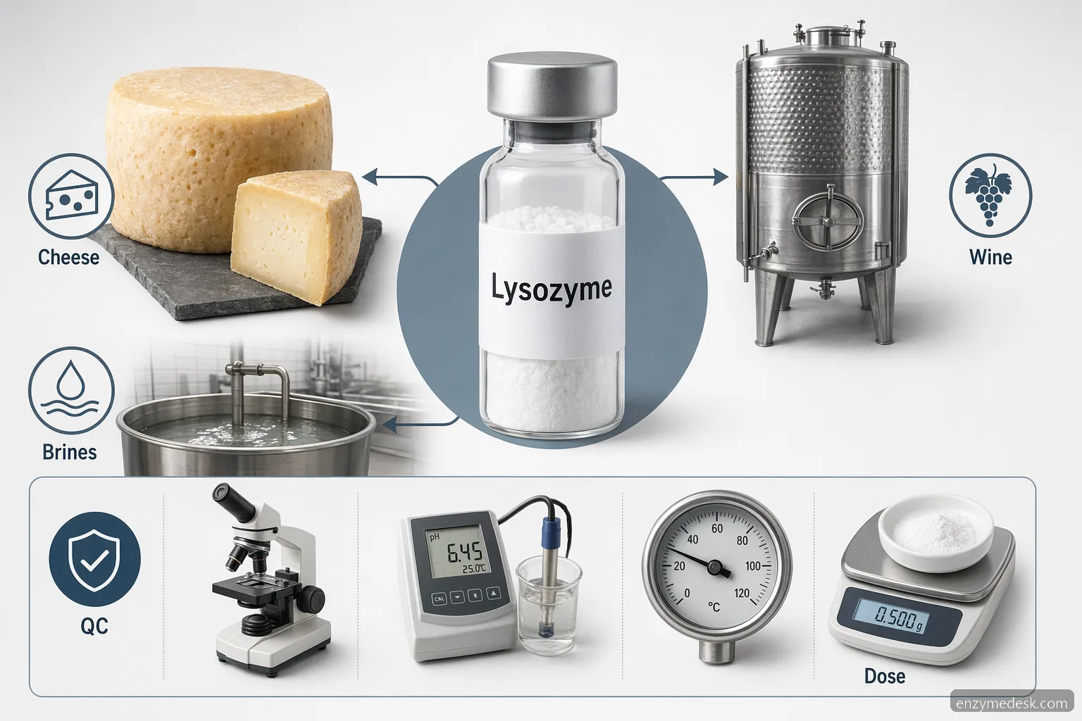 egg white lysozyme food preservation infographic showing cheese, wine, brine, dosing, QC and validation icons